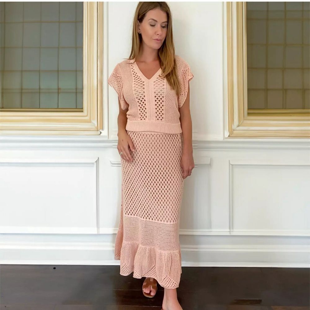 ANNA CATE L Pink Crochet Knit Ruffled Avery Top & Alex Maxi Skirt 2 PieceSet NWT
